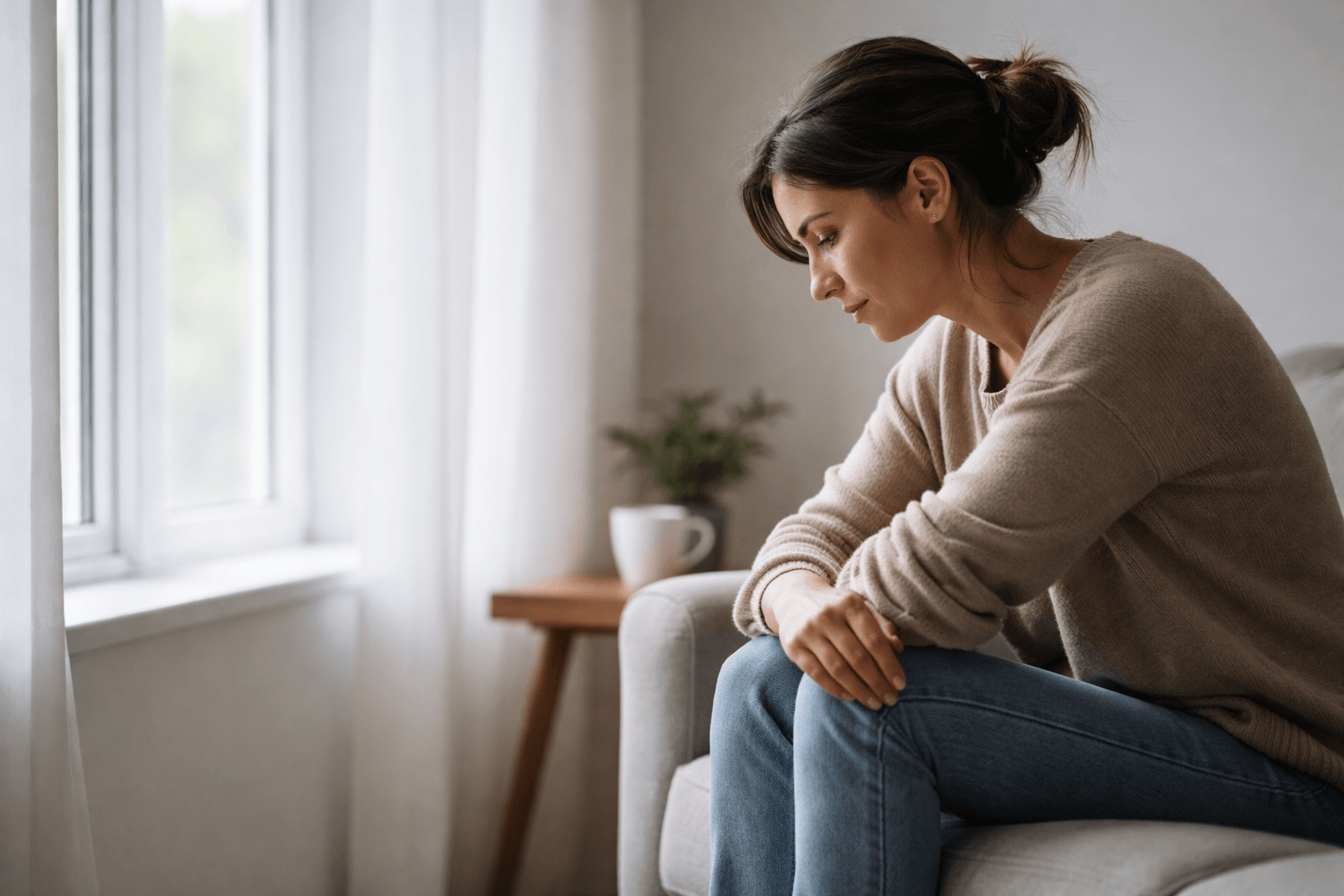 Tratamento para Depressão - Dra. Luana Schuarts Psiquiatra Curitiba - Uma pessoa sentada próxima a uma janela, em um ambiente simples, com luz natural suave entrando no espaço.